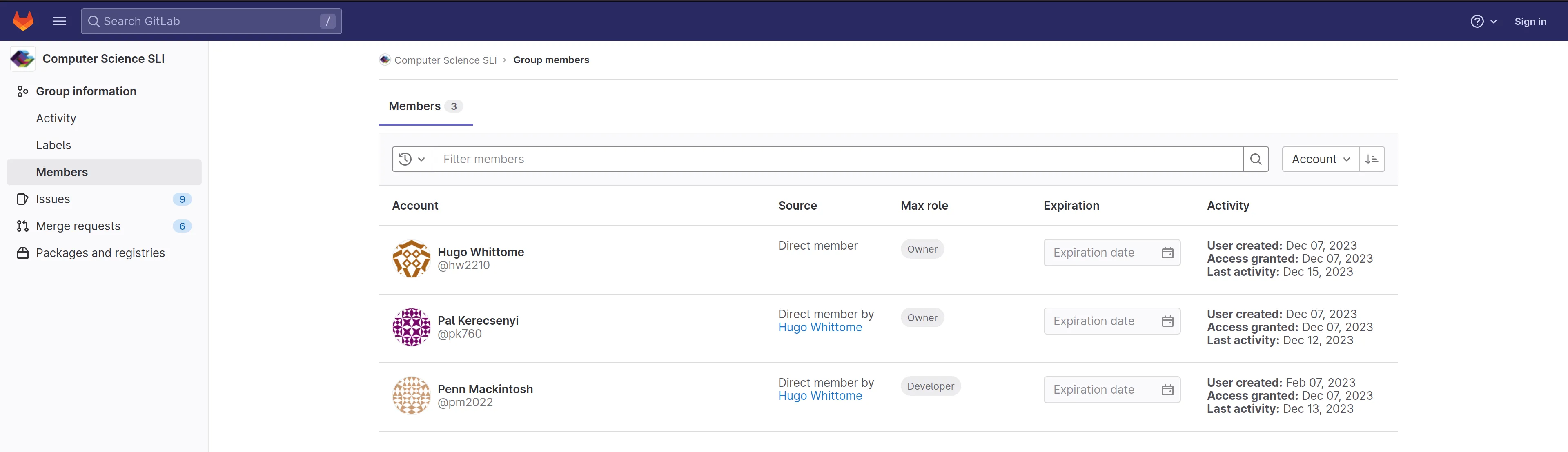 Members page on GitLab showing the current owners and maintainers found by
going to Members in the navigation group "Group Information"