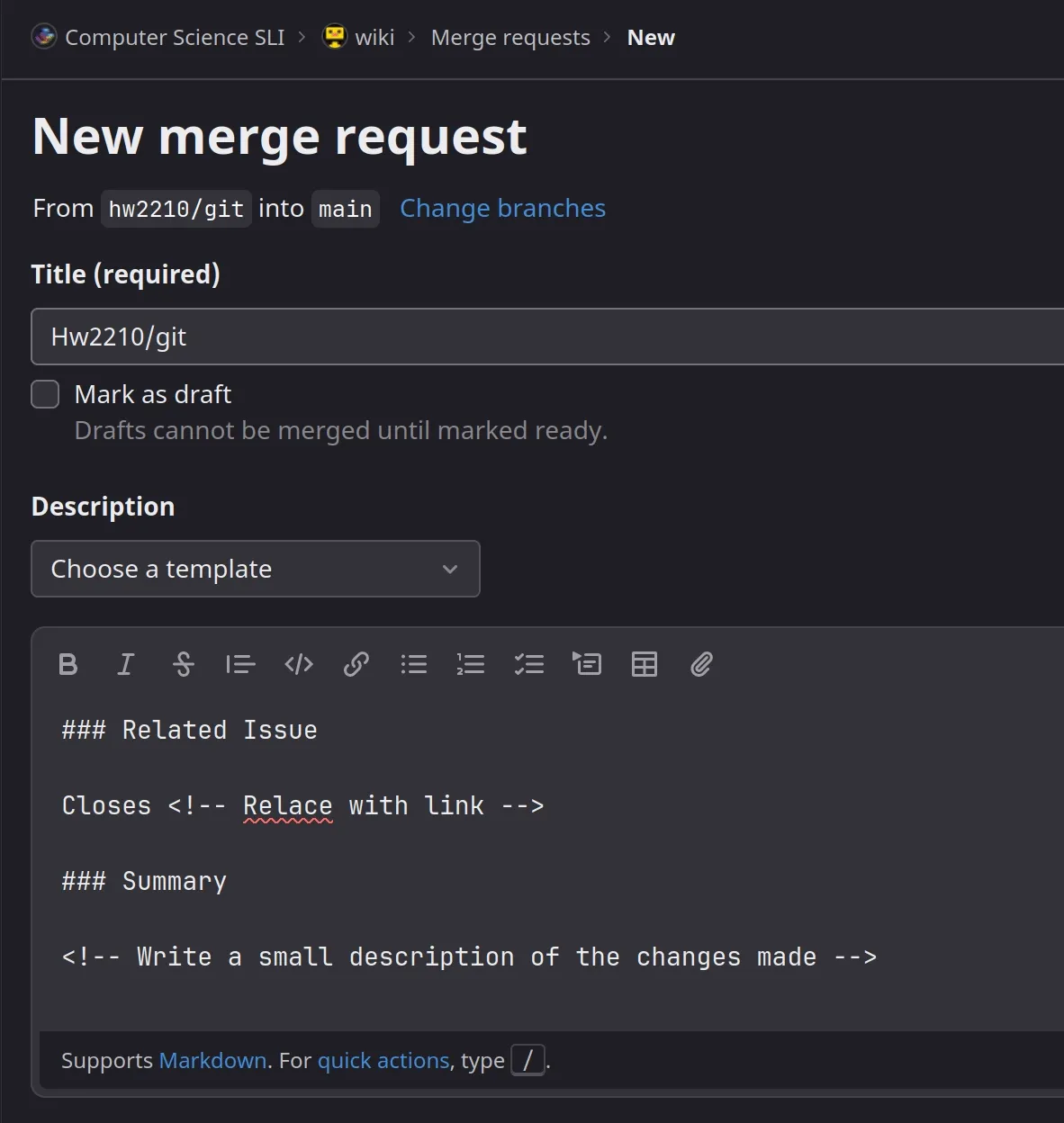 gif showing the dropdown to select the template to use above the description